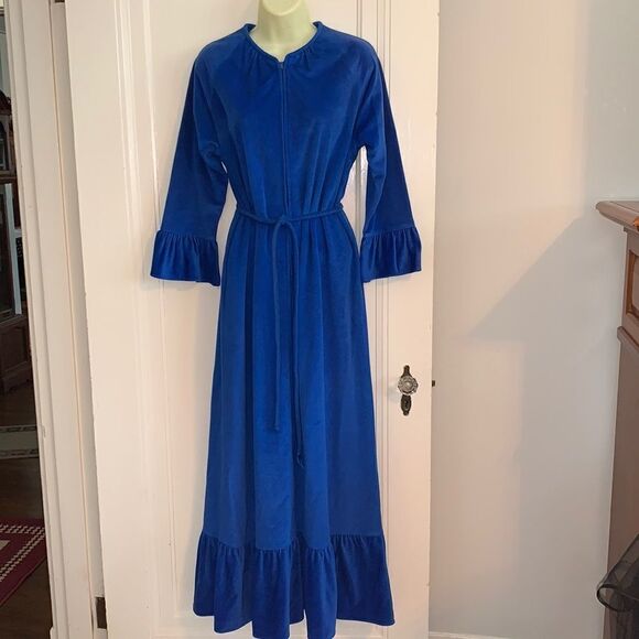 Vtg 60s/70s Lounge Craft royal blue polyester velour zip up robe - Picture 1 of 8